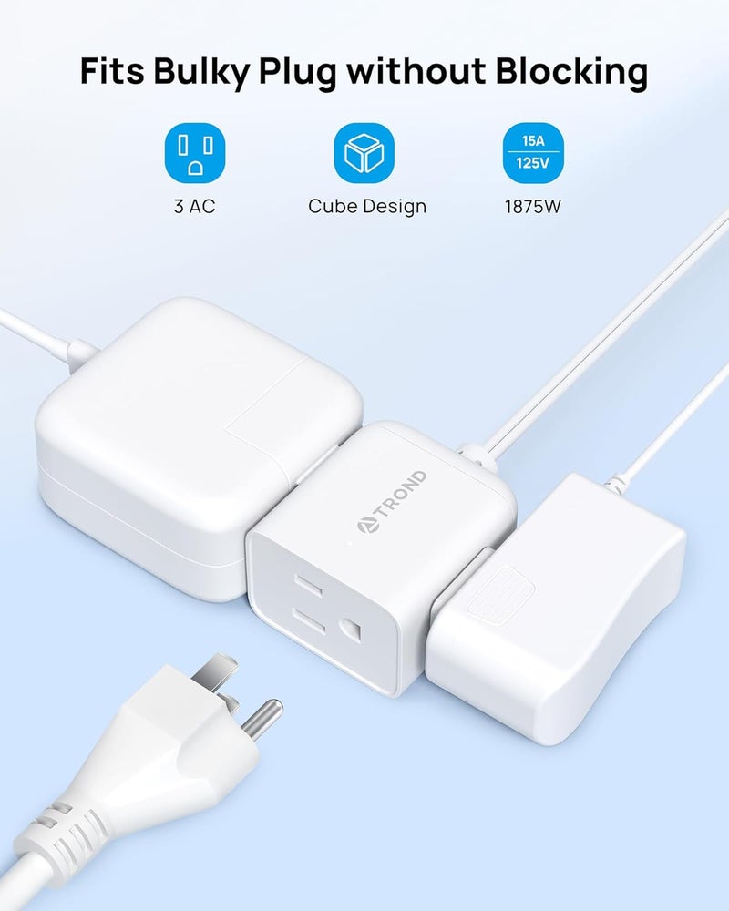 TROND Polarized 2 Prong to 3 Prong Flat Outlet Adapter with 6 Inch Cord, No Blocking 3 Way Flat Plug Outlet Extender Behind Furniture, For Non-ground Socket in Old House Home Office Travel, White - Image 4